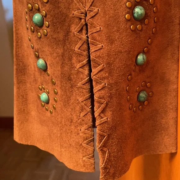 1990s High-waisted Western Suede Pants with Turquoise and Metal Studs - Picture 2 of 10